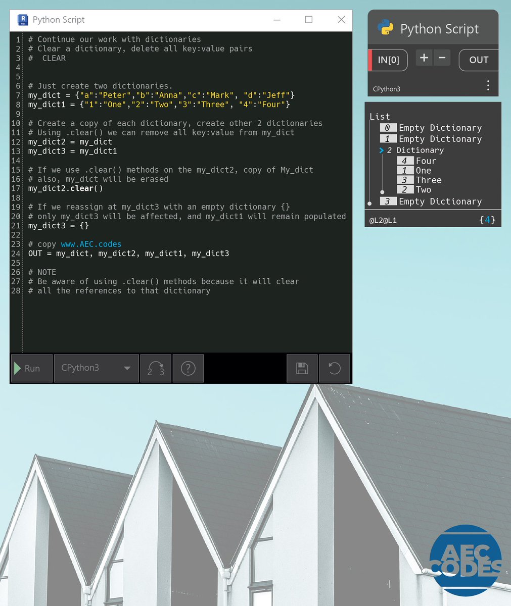 AecCodes's tweet photo. .clear() method delete all key:value pairs

NOTE
Be aware of using .clear() methods because it will clear all the references to that dictionary

more info: https://t.co/ojw32iinC5

#bim #dynamo #python #architecture #revit https://t.co/lMkrdPeHiG