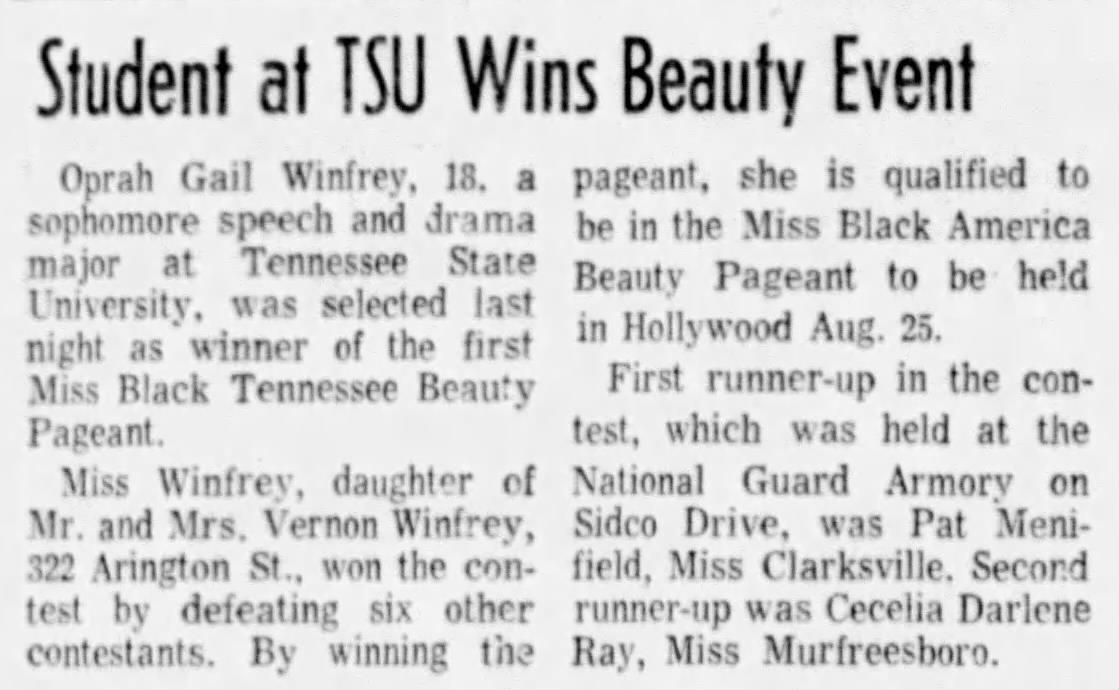 1stTimeinPrint's tweet photo. FIRST TIME IN PRINT for this sophomore speech and drama major at TSU named Oprah Gail Winfrey. She made the newspaper for winning a beauty event. From the Tennessean on 6/10/72. Can u find earlier? #Oprah #OprahWinfrey #History #TVHistory #CelebrityHistory https://t.co/t7WIXQhwDf