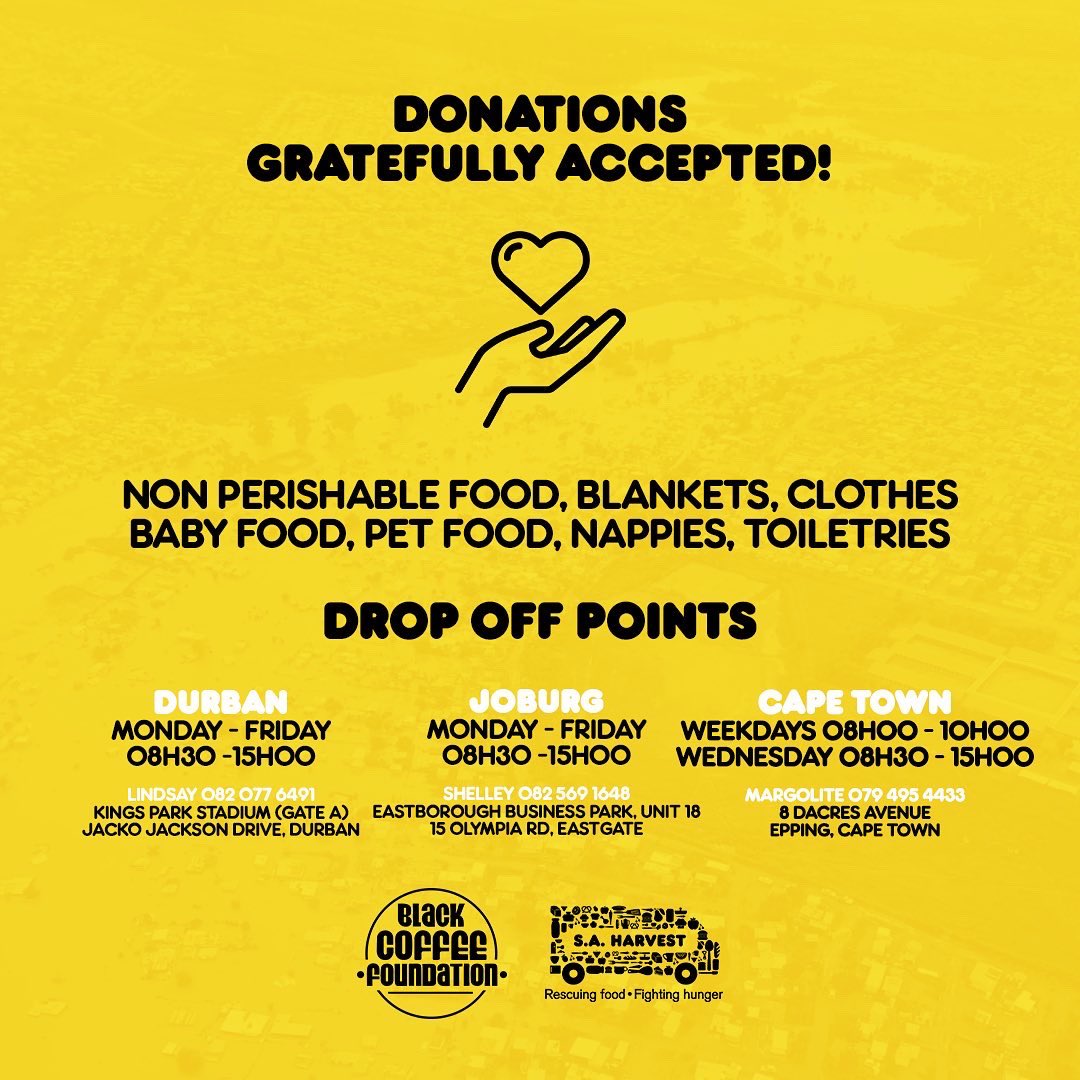 KZN NEEDS US! Join <a href="/FoundationByBC/">Black Coffee Foundation</a> &amp; <a href="/SAHarvest/">Harvest South Africa</a> to help #KZNFlood victims.

Please GIVE what u can &amp; SHARE 2 spread the word. 

#SAHarvest drop-off points in DBN, JHB &amp; CPT. Every little bit counts! 

Pls Donate >>  bit.ly/SAHarvestDonate

#KZNRelief #BCFoundation #LetsDoMore