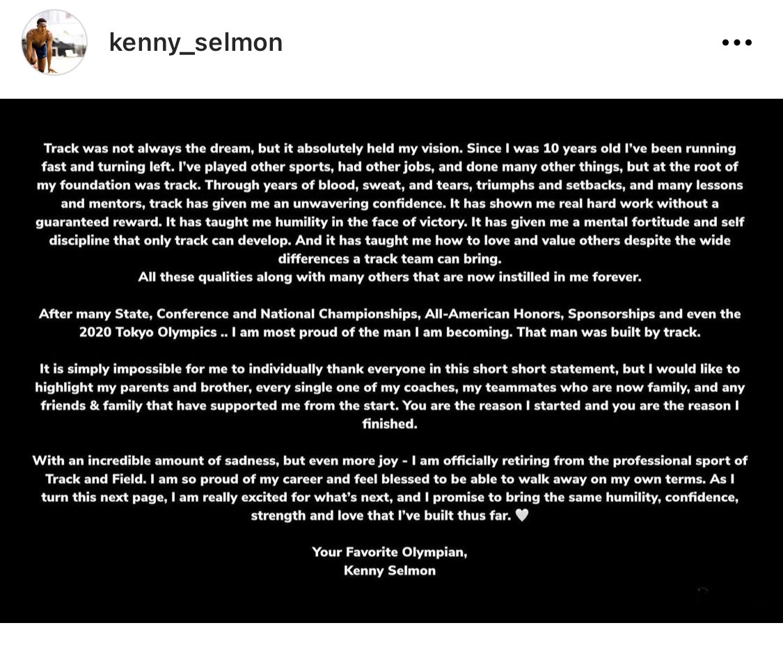 ChrisChavez's tweet photo. 400m hurdle U.S. Olympian @KennySelmon announces his retirement at 25. 

He ran his personal best of 48.08 (No. 22 on the U.S. all-time list) finishing 2nd at last year’s U.S. Olympic Trials. Reached the semis at the Tokyo Olympics. 

His post: https://t.co/xdmbxLVcIj https://t.co/qF8UUWH6EB