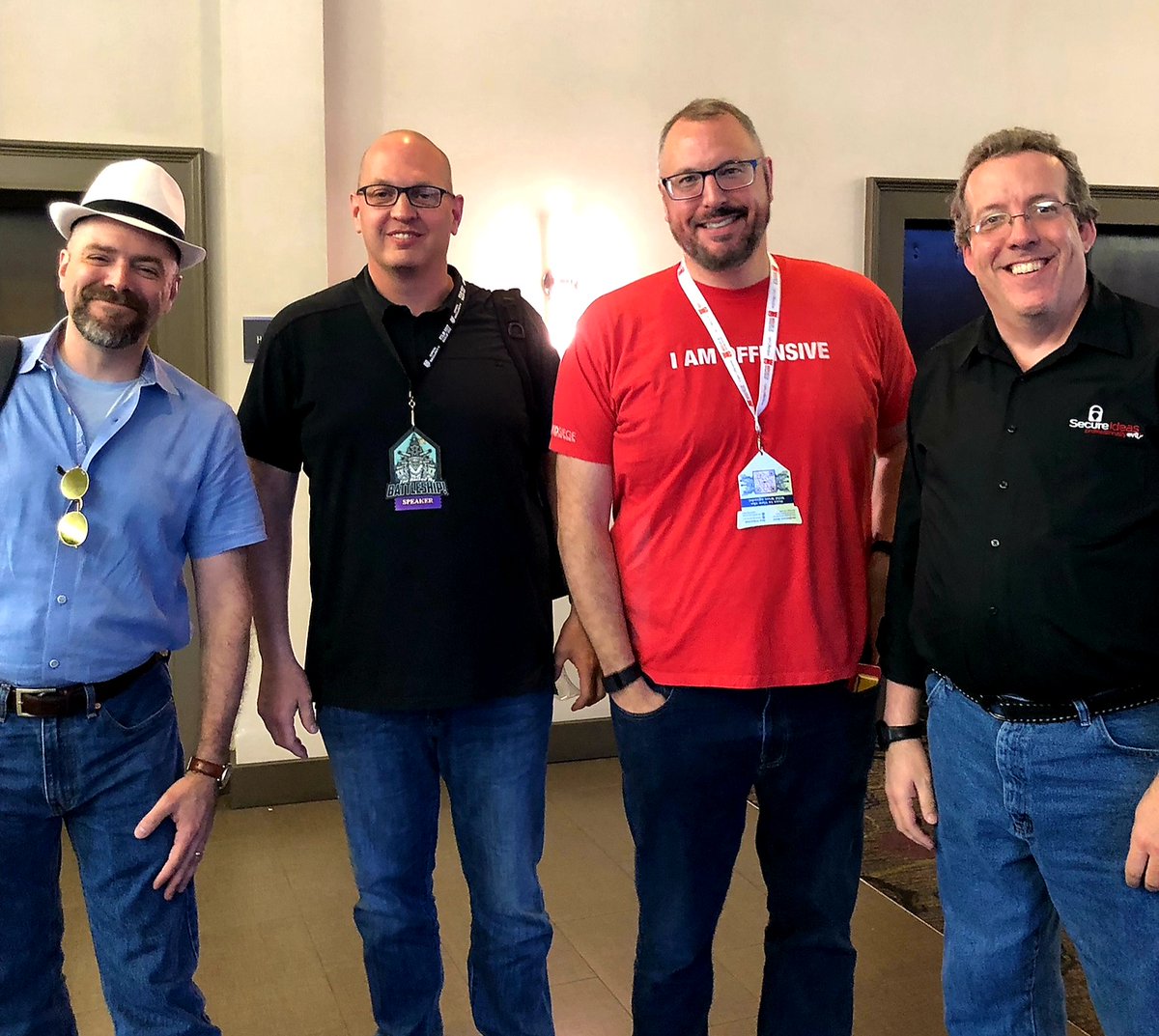 Photo of IANS Faculty members Ed Skoudis, Russell Eubanks, Tim Medin and Kevin Johnson on-site at Wild West Hackin' Fest in San Diego, California.