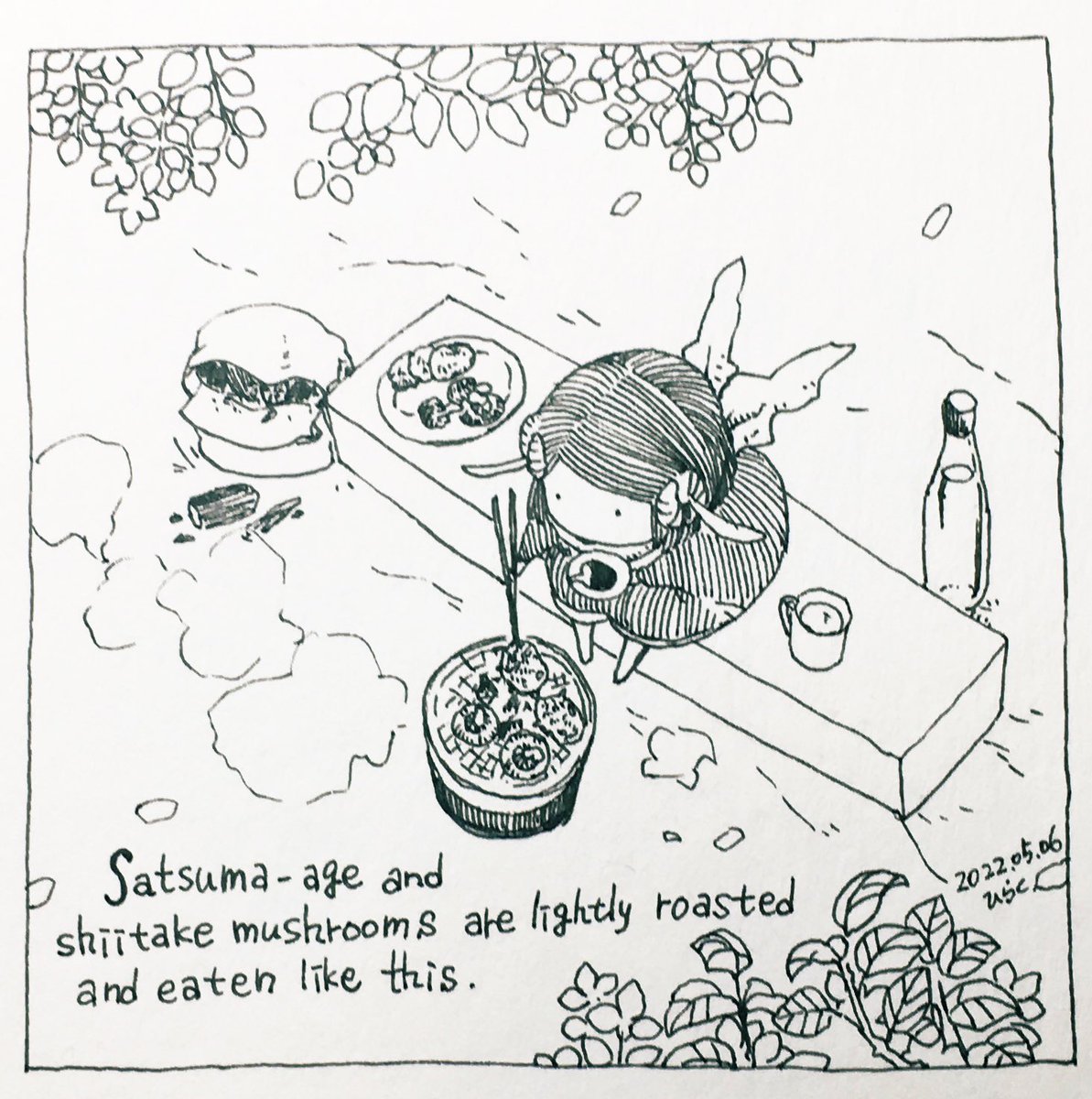 5/6:
さつま揚げと椎茸をこのように軽く炙っていただきます。

#Pavot #ペン画 