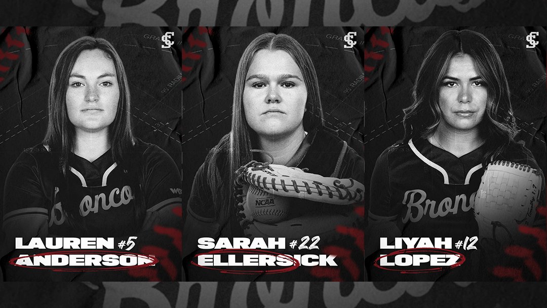 SCUSoftball's tweet photo. Sunday is Senior Day as these three #SCUBroncos will be recognized prior to the noon first pitch.
#CompeteInTheArena #StampedeTogether https://t.co/pj5zMPs0tw