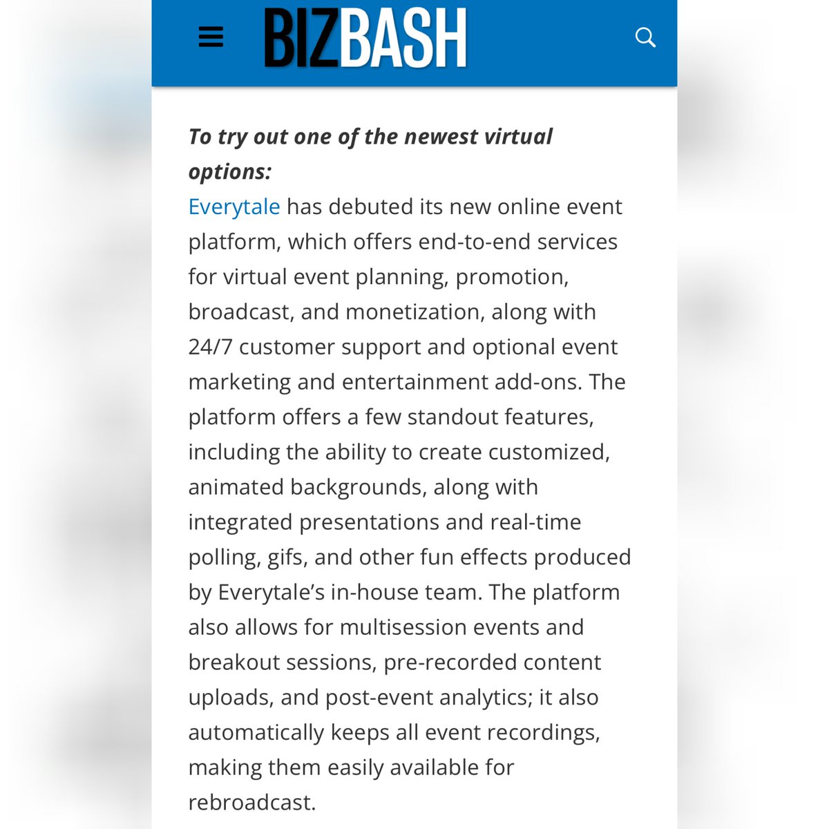 “This article says we’re a ‘cool new tool’ and we agree! Thanks for the write-up <a href="/BizBash/">BizBash</a>

Read complete article here: bizbash.com/event-tech-vir…

Come try us out for your next #virtualevent!” <a href="/Everytaleevents/">Everytale</a>  

#virtualevents #virtualeventplatform #virtualevents2022
