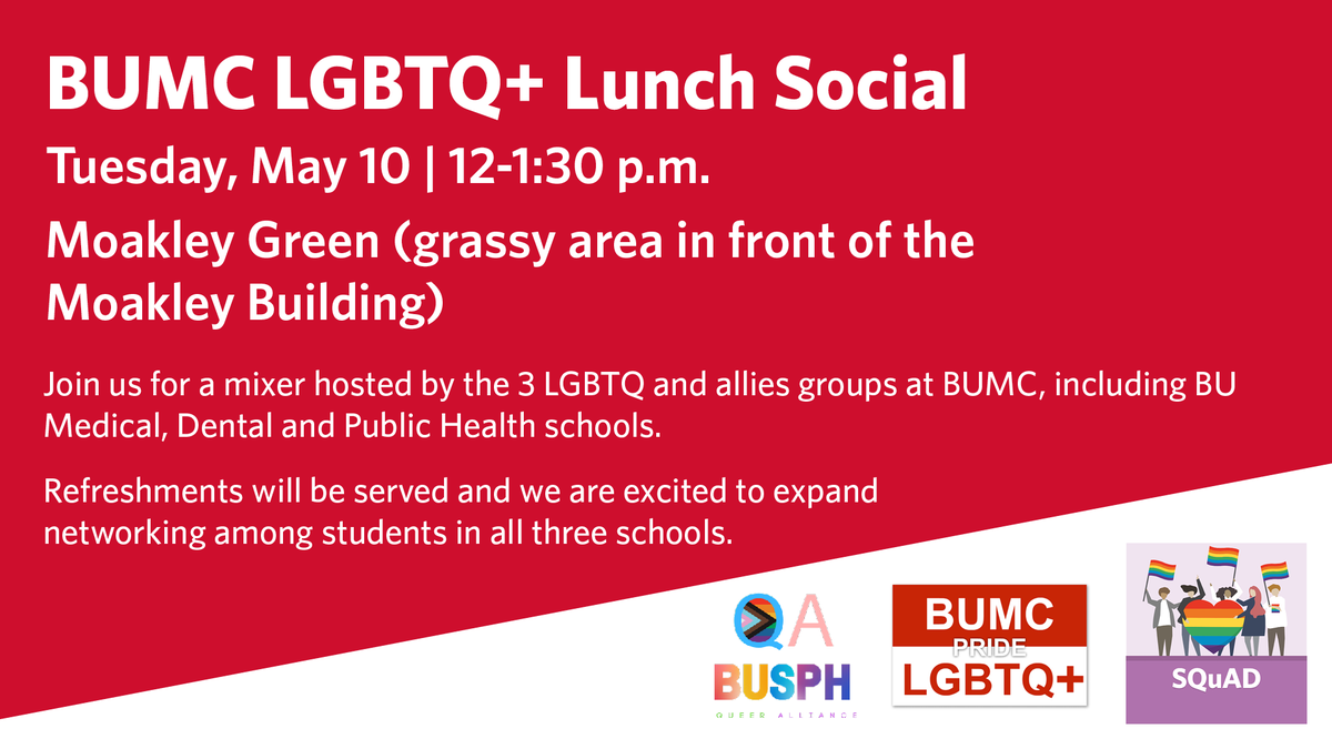 BUMedicine's tweet photo. Mark your calendars for the BUMC LGBTQ+ Lunch Social on Tuesday, May 10 at noon on Moakley Green! https://t.co/aJpasestPi