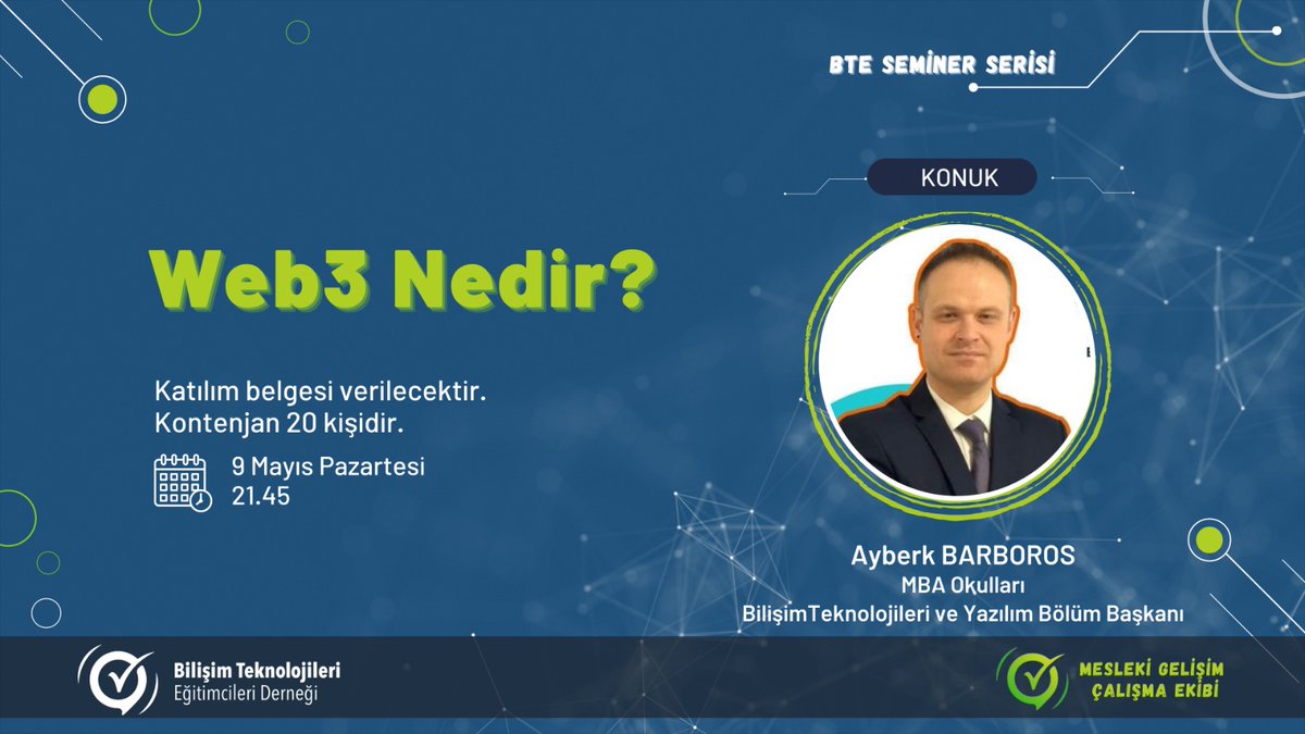 Ayberk BARBOROS'un konuk olduğu "Web 3.0 Nedir?" konulu seminerimize kayıt için aşağıdaki formu doldurabilirsiniz. 
📆 09 Mayıs 2022
⏰ 21.45
👇👇👇
forms.gle/zqDSoWo9AVyCuH…