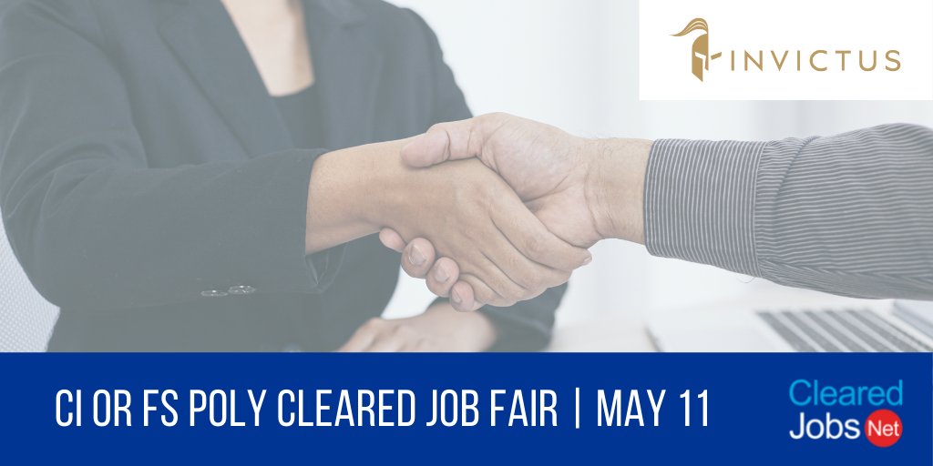 ClearedJobsNet's tweet image. Talk to the team from @InvictusIC at the May 11 CI or FS Polygraph #ClearedJobFair clearedjobs.net/job-fair-compa… #ExploitDeveloper #HUMINTTargetingOfficer