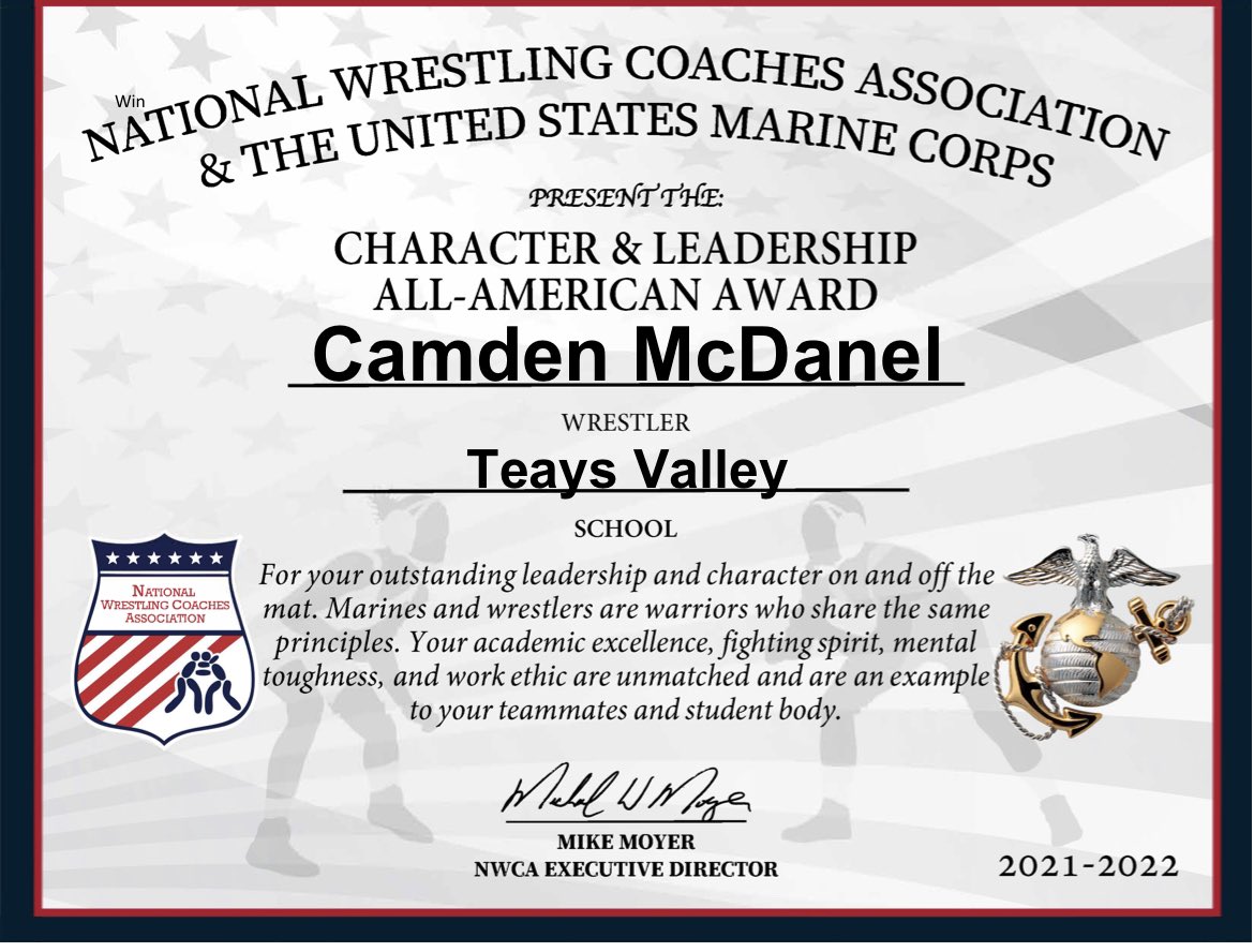 Congratulations to Vikings wrestler Camden McDanel on receiving the Character and Leadership All-American Award from the NWCA! #govikes #Vikingpride #beagoodperson #dowork #beagoodteammate #academics <a href="/TV_Athletics/">Teays Valley High School Athletic Department</a> <a href="/ToddnaceTv/">ToddNace TV Wrestling</a> <a href="/InsideThe360/">InsideTheCircle</a>
