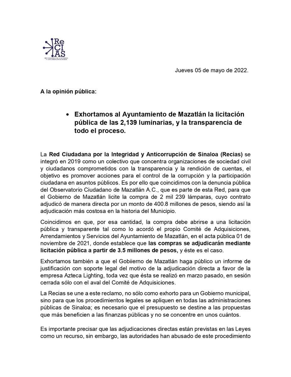 observatoriomzt's tweet photo. 🚨Aquí el #PosicionamientoConjunto con la @ReciasMx sobre la compra directa que avaló el @AytodeMzt por 2 mil 139 lámparas, un contrato por 400.8 mdp que favoreció a la empresa #AztecaLighting.
#LicitaciónPública
#Transparencia
#EstudioRealDeMercado
#SesionesAbiertas https://t.co/29gdZBEBQy