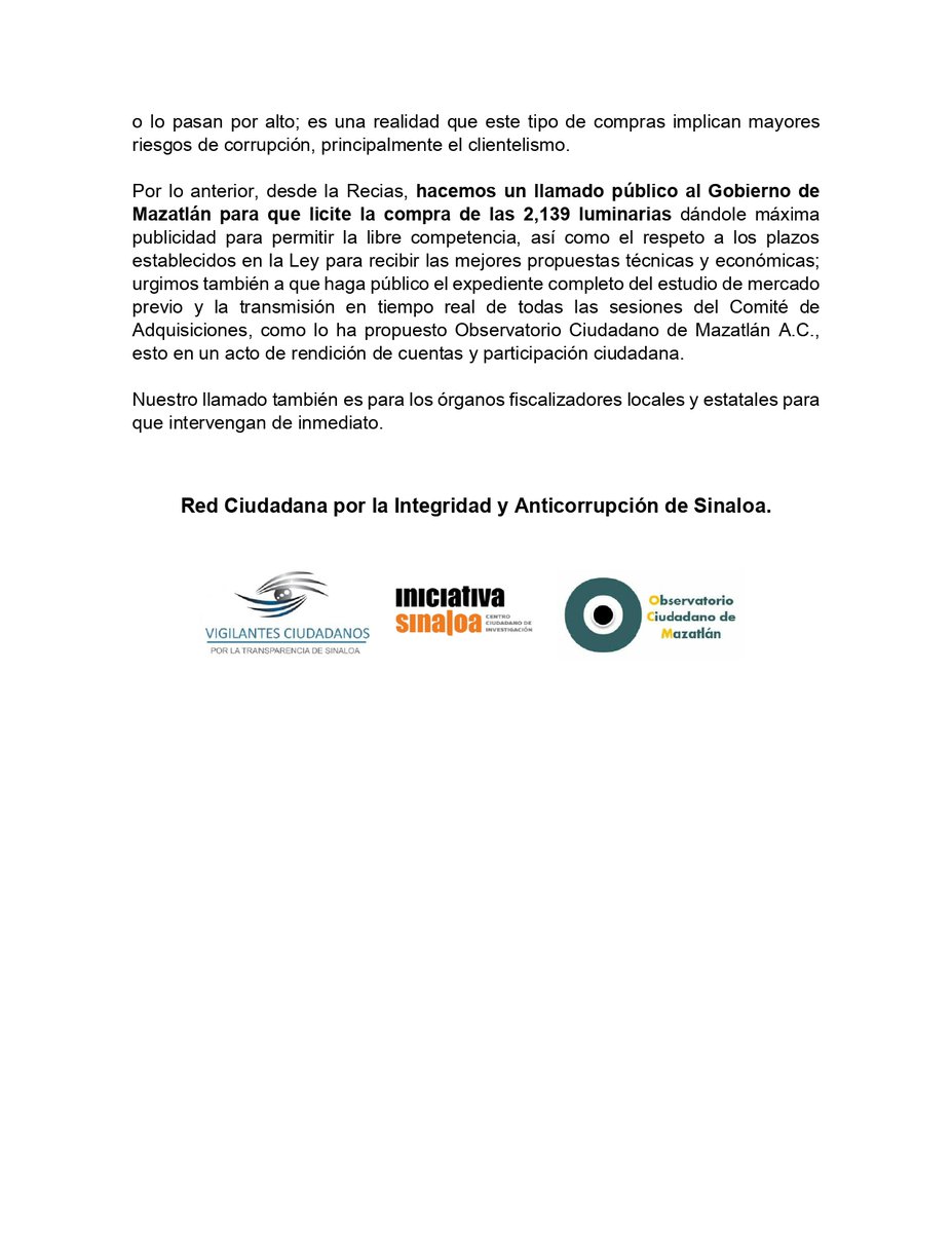 observatoriomzt's tweet photo. 🚨Aquí el #PosicionamientoConjunto con la @ReciasMx sobre la compra directa que avaló el @AytodeMzt por 2 mil 139 lámparas, un contrato por 400.8 mdp que favoreció a la empresa #AztecaLighting.
#LicitaciónPública
#Transparencia
#EstudioRealDeMercado
#SesionesAbiertas https://t.co/29gdZBEBQy