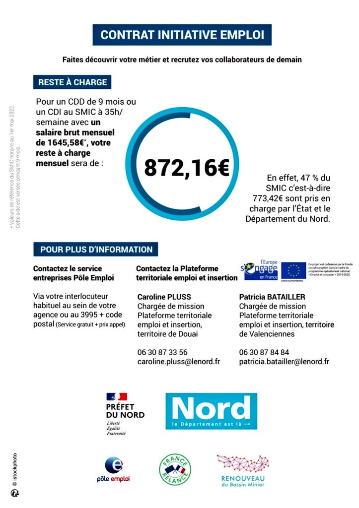 1 000 Contrats Initiative Emploi pour le Douaisis et le Valenciennois
📍Une action coordonnée de la puissance publique  : <a href="/prefet59/">Préfecture de la région Hauts-de-France et du Nord</a> et <a href="/departement59/">Département du Nord</a>
📍Cible : bénéficiaires #RSA +26 ans
📍Montant aide pour les #employeurs : 47% du SMIC, contrat 35h, pendant 9 mois.
