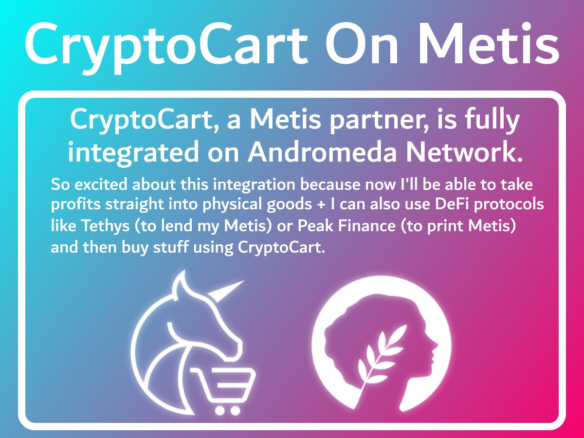 apollo_wayne's tweet photo. So excited to have @CryptoCartCC on @MetisDAO! 🤩

Now I can use @tethysfinance (to lend my $Metis), @PeakFinance_DAO (to print $Metis), and then spend it in over 2,500+ stores worldwide.

Welcome to #MetisAndromeda! 🚀 https://t.co/M97WXC4rGQ