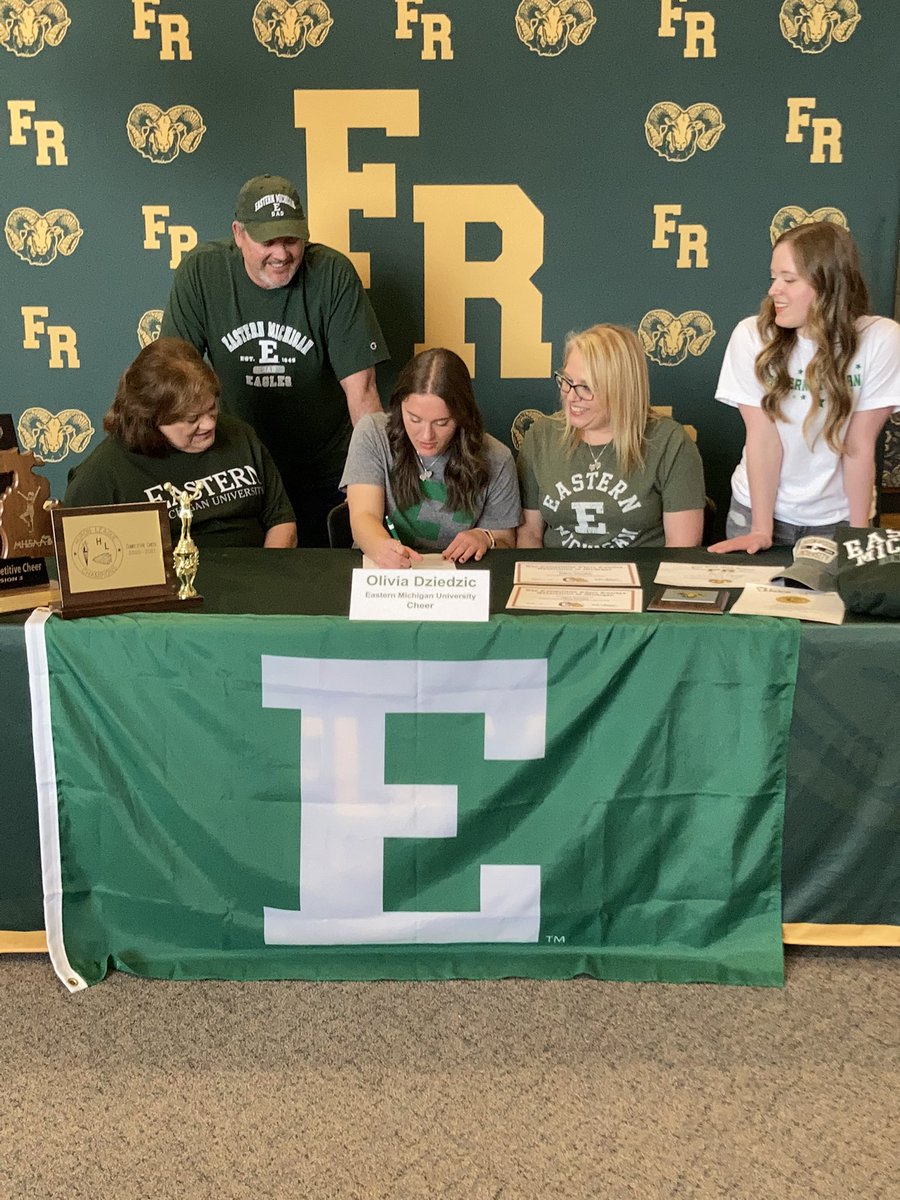 FR_Athletics's tweet photo. Congratulations to Olivia Dziedzic on deciding to continue her academic and athletic career at Eastern Michigan! Olivia will be cheering for the Eagles next year. Congratulations Olivia! @FlatRockCheer @EMUCheer #warh #RamsAtTheNextLevel πππ https://t.co/OIZ5KJHxWF