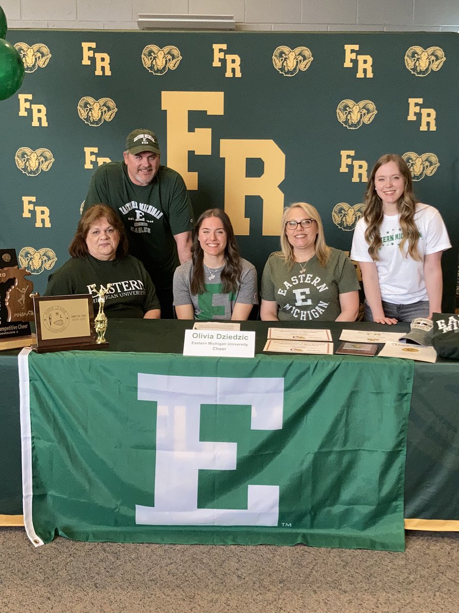 FR_Athletics's tweet photo. Congratulations to Olivia Dziedzic on deciding to continue her academic and athletic career at Eastern Michigan! Olivia will be cheering for the Eagles next year. Congratulations Olivia! @FlatRockCheer @EMUCheer #warh #RamsAtTheNextLevel πππ https://t.co/OIZ5KJHxWF