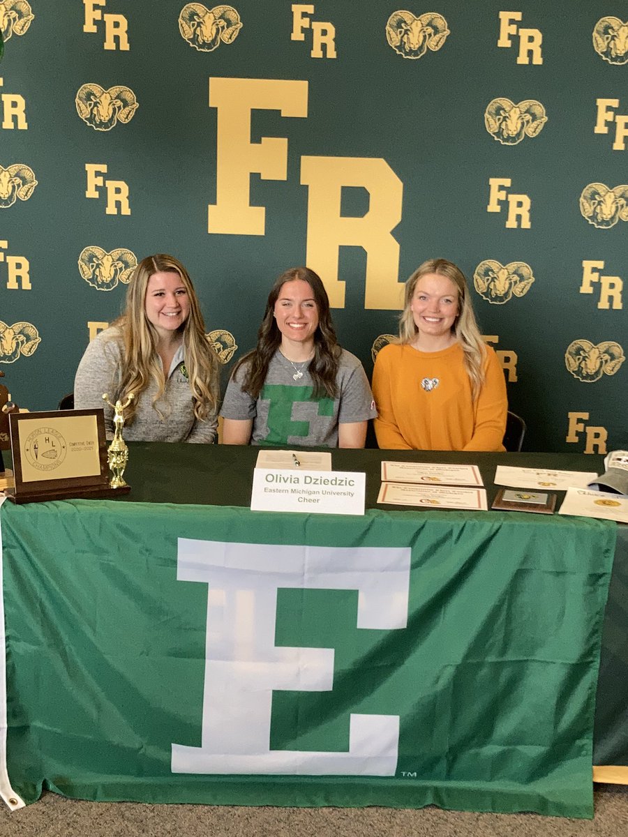 FR_Athletics's tweet photo. Congratulations to Olivia Dziedzic on deciding to continue her academic and athletic career at Eastern Michigan! Olivia will be cheering for the Eagles next year. Congratulations Olivia! @FlatRockCheer @EMUCheer #warh #RamsAtTheNextLevel πππ https://t.co/OIZ5KJHxWF