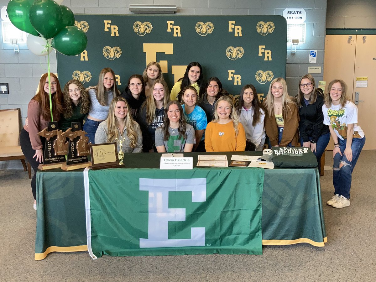 FR_Athletics's tweet photo. Congratulations to Olivia Dziedzic on deciding to continue her academic and athletic career at Eastern Michigan! Olivia will be cheering for the Eagles next year. Congratulations Olivia! @FlatRockCheer @EMUCheer #warh #RamsAtTheNextLevel πππ https://t.co/OIZ5KJHxWF