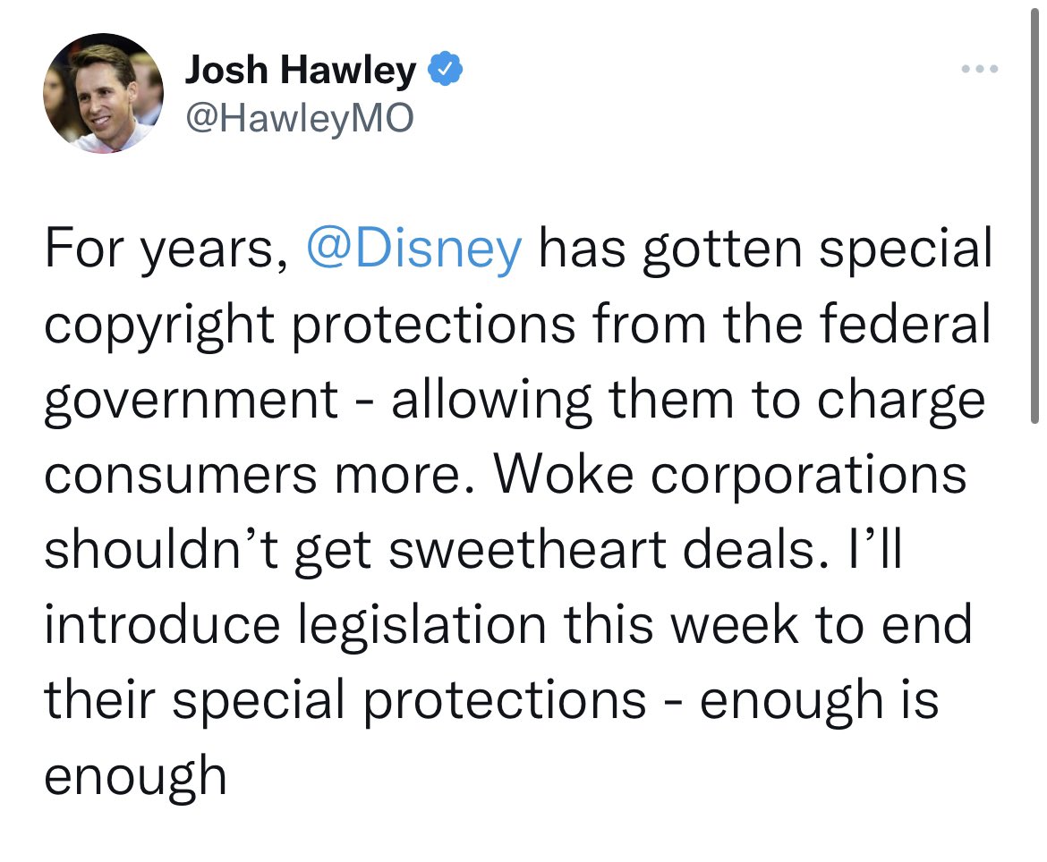 This is completely untrue. Disney does not have copyright protections that are any different than what the law provides to every other copyright holder. The Senator knows this and he is hoping that you don’t so that this misinformation can spread.