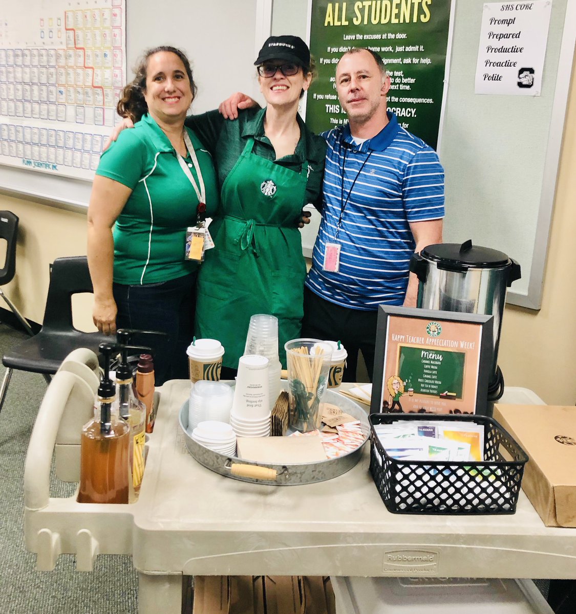 VirtuallyVargas's tweet photo. Mrs. Morse, @SPRINGHIGHLIONS Instructional Specialist, showed our science teachers how appreciated they are by becoming their personal @Starbucks barista for the day! 🧬 🧪 ☕️ https://t.co/S08DjoyivQ