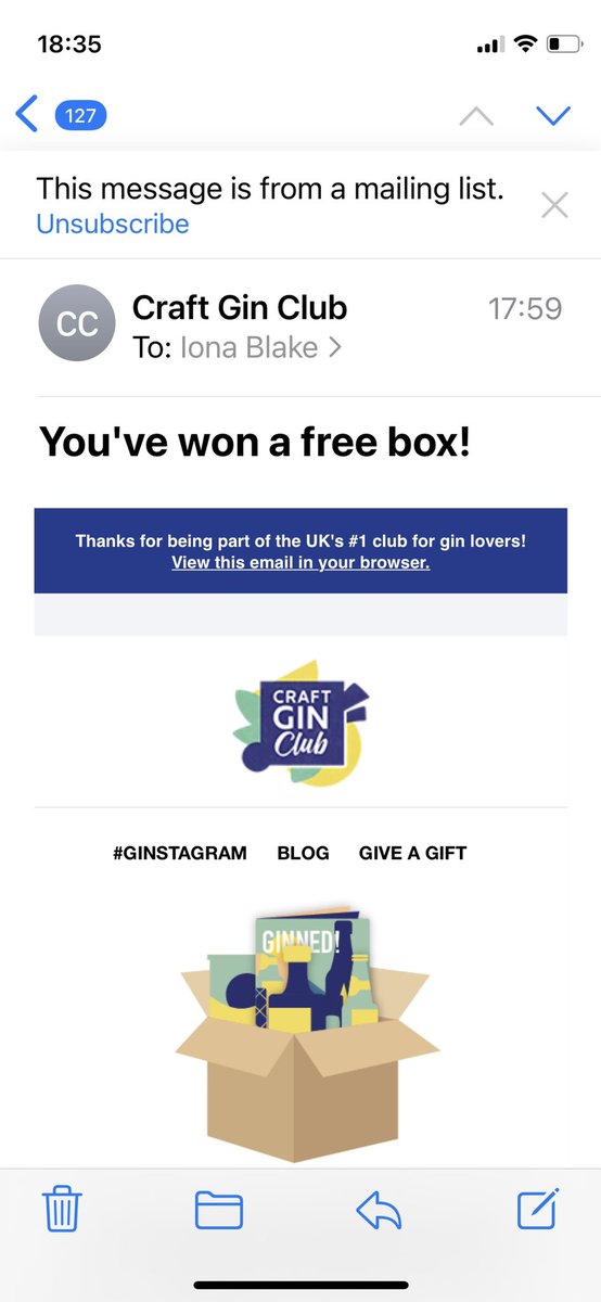 blakeyi's tweet photo. Ohhhh whatโs that? A free box of gin you say? Well, if you insist @craftginclub ๐๐ winner #ginner https://t.co/OGU3UsRXZe