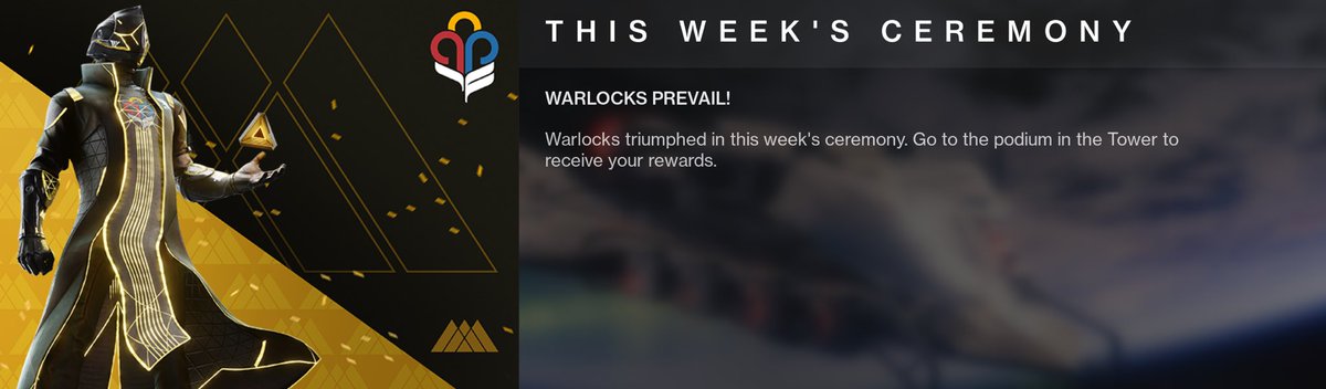 Kyber3000's tweet photo. Guardian Games Ceremony (May 3 - 10)
Warlocks triumphed in this week's ceremony. Go to the podium in the Tower to receive your rewards.
#Destint2 https://t.co/uV0Qqrgv8t