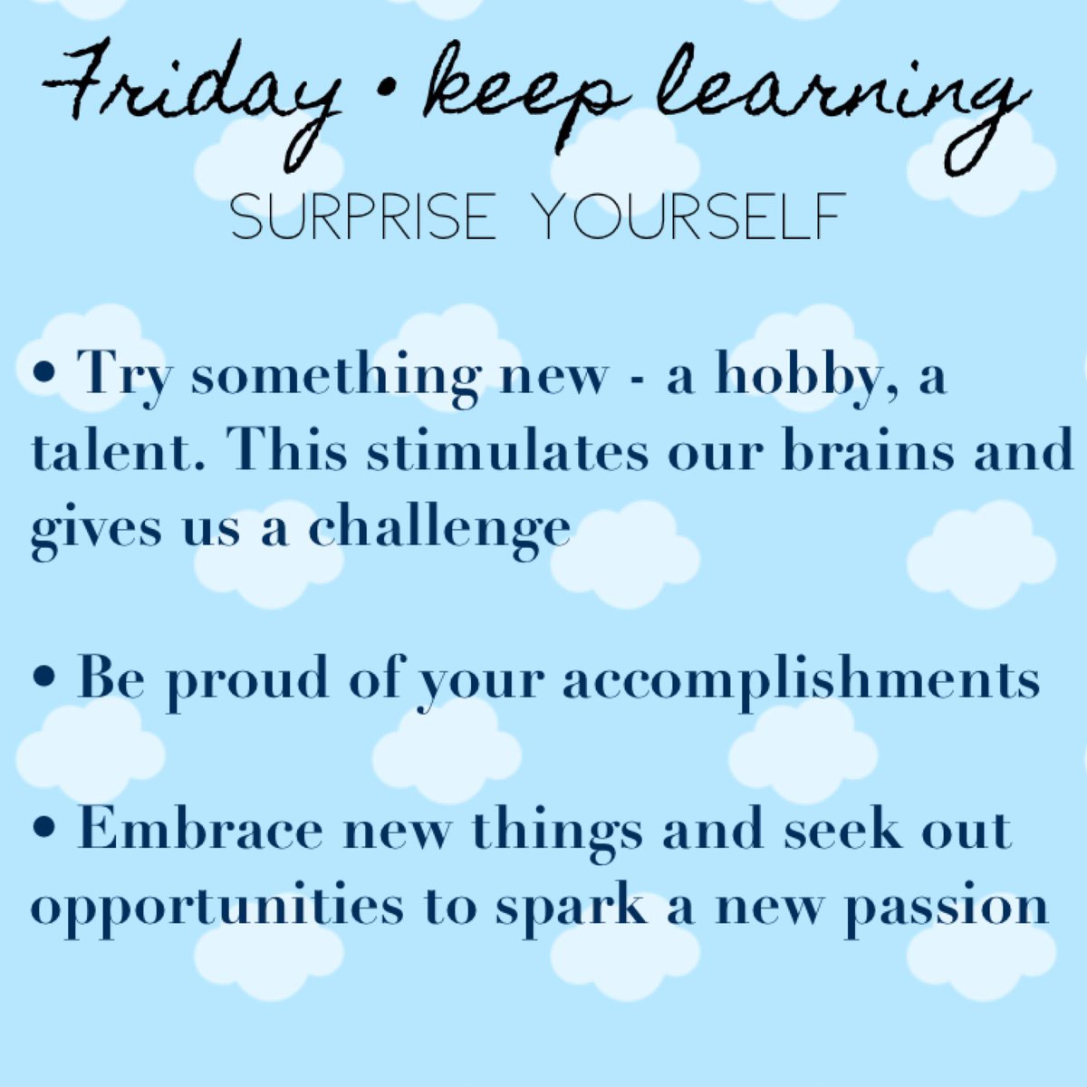 WDHSwolves's tweet photo. Mental Health Week Day Five - keep learning.

Thank you for being a part of our five days + five ways of well-being this #MentalHealthAwarenessWeek. Today’s topic is to keep learning, try new things, and surprise yourself.

#GEBeWell @GEDSB #friday #keeplearning https://t.co/yMl8w3vEyg