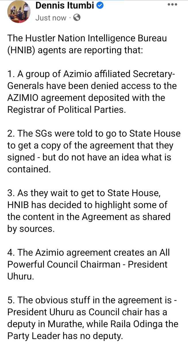 OleItumbi's tweet photo. The Hustler Nation Intelligence Bureau (HNIB) agents are reporting that:

1. A group of Azimio affiliated Secretary- Generals have been denied access to the AZIMIO agreement deposited with the Registrar of Political Parties.

....It is so DECLASSIFIED! https://t.co/eZEdDq6vRd