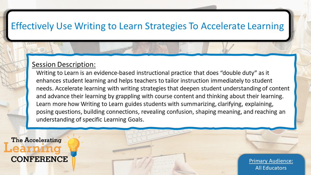 “Writing is not simply a way for students to demonstrate what they know. It is a way to help them understand what they know. At its best, #writing is learning.”  
National Commission on Writing in America’s Schools &amp; Colleges. #https://bit.ly/Accel-Learning #AcceleratingLearning