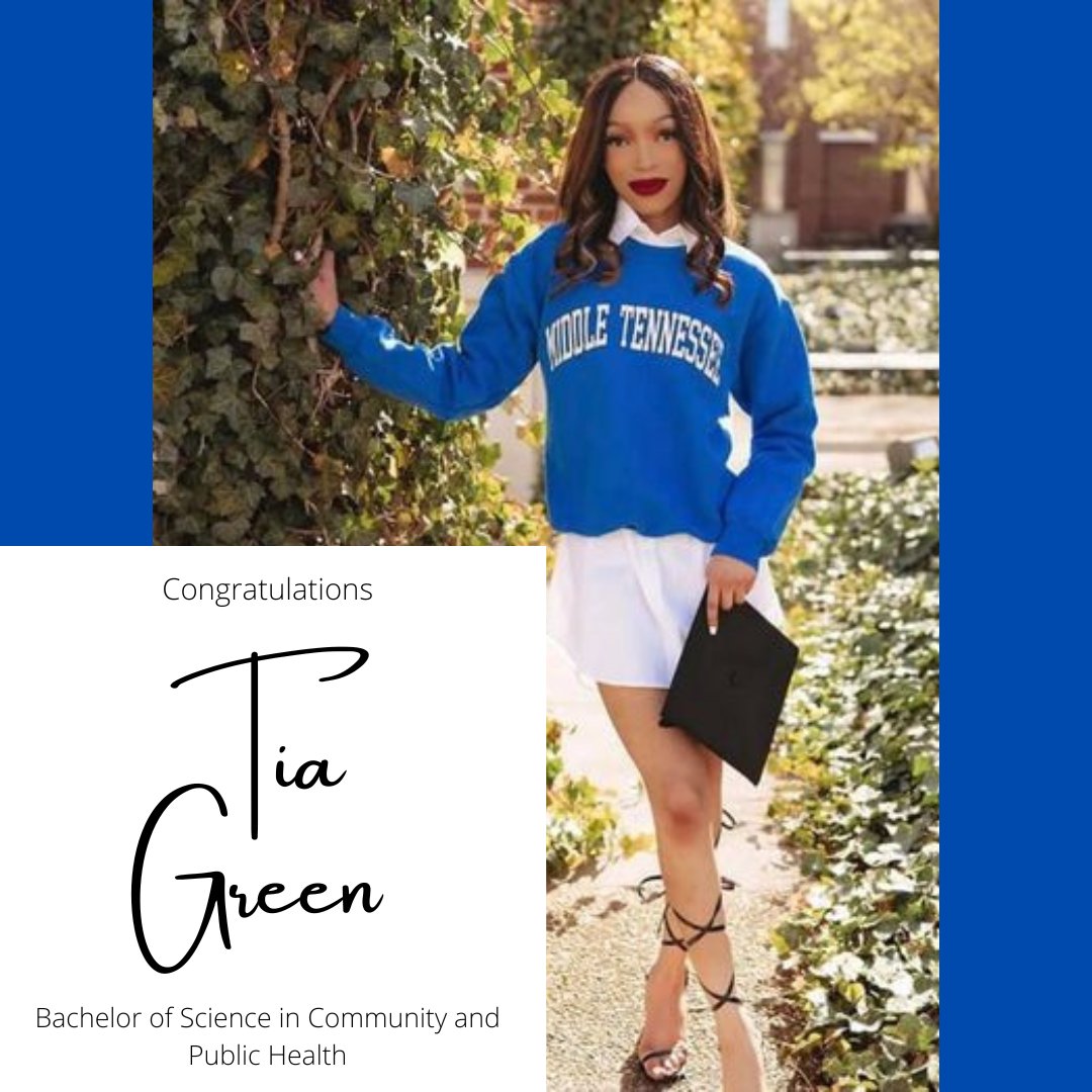 MTSU_SSS's tweet photo. #TRIOWorks SSS Graduate Spotlight: Tia Green joined SSS in 2018. 
She will be graduating with a Bachelor or Science in Community and Public Health. Congratulations Tia! #FirstGen #SSS #MTSU #TrueBlue https://t.co/KmD9mwDAnn