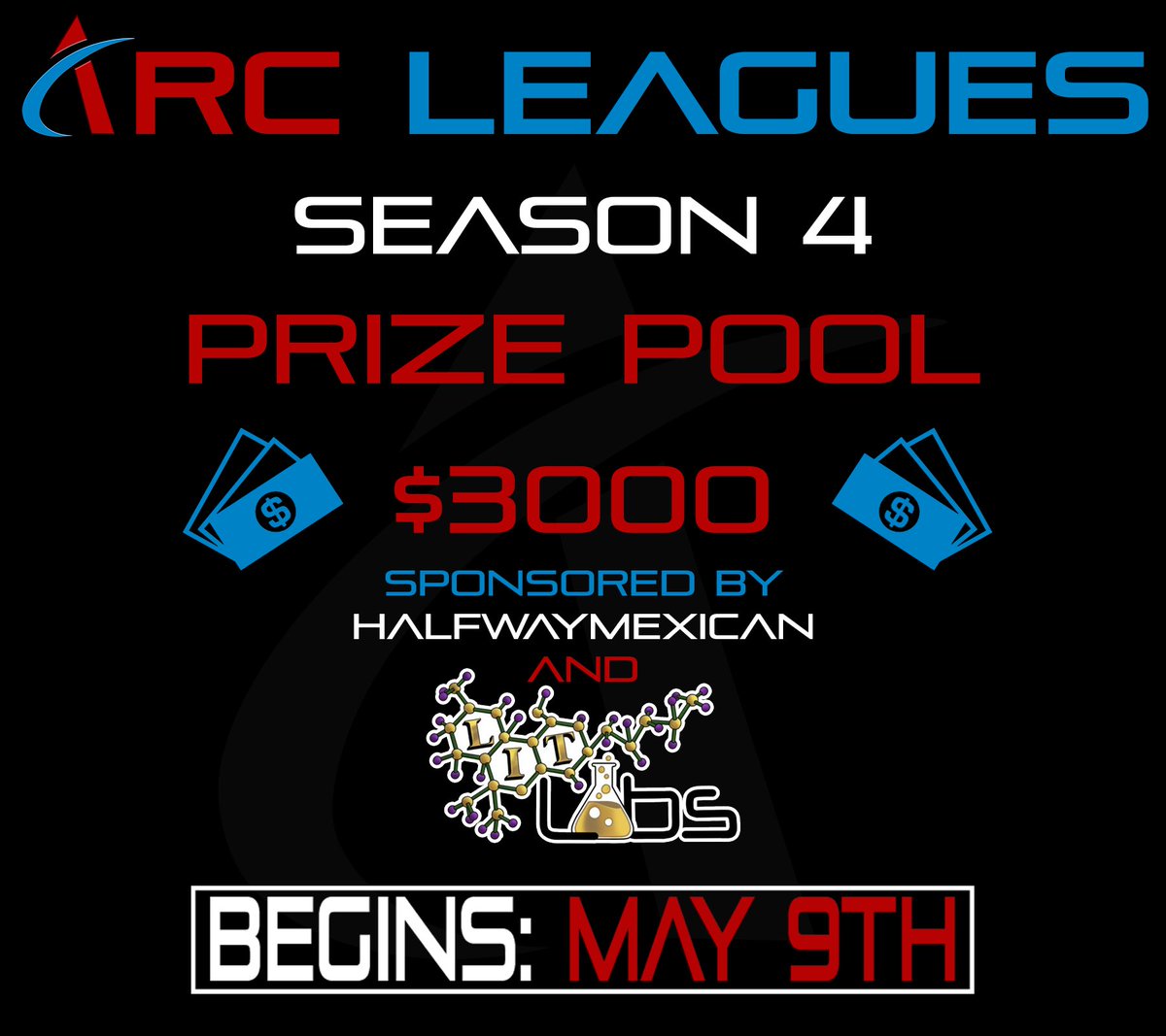 ARCLeagues's tweet photo. With Season 4 coming up, we’re happy to announce our total prizepool of $3000 🔥

This prizepool is sponsored by Halfwaymexican and LitLabs! 

The split between our 6 divisions is still TBD. Be sure to stay tuned and join our discord for more information!

https://t.co/19JaocrZk5 https://t.co/qyn43QlM62