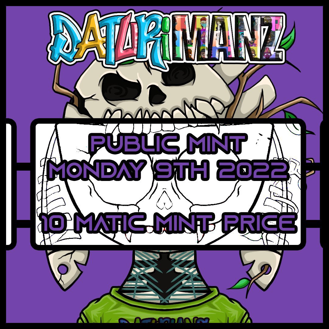 DaturiansNFT's tweet image. 🚨PUBLIC MINT ANNOUNCEMENT🚨

“The Daturimanz” 

WL opens up today @ 5 MATIC 

Public 5/9 @ 10 MATIC

#YMZclub X #Florafam 

Follow @YoumanzC for all minting info, amazing art to be revealed soon 👀

#NFTCommunity #Nfts #Nftart #NFTdrop #PolygonNFTs #YMZfam #LFGrow