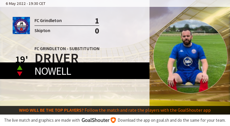 19' FC Grindleton - Skipton 1-0: Substitution for FC Grindleton. Driver on, Nowell off after cutting his chin open in a 50/50