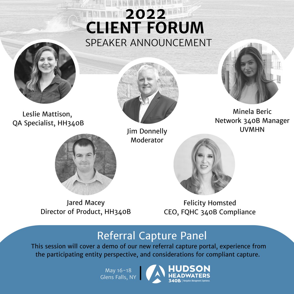 Hudson340B's tweet photo. Meet the speakers of the Hudson Headwaters 340B Client Forum!

The referral capture panel will be moderated by James Donnelly and feature a demo of the HH 340B referral tool by Jared and Leslie. The session will also share perspectives from Minela Beric and Felicity Homsted. https://t.co/ZWPZeJ6518