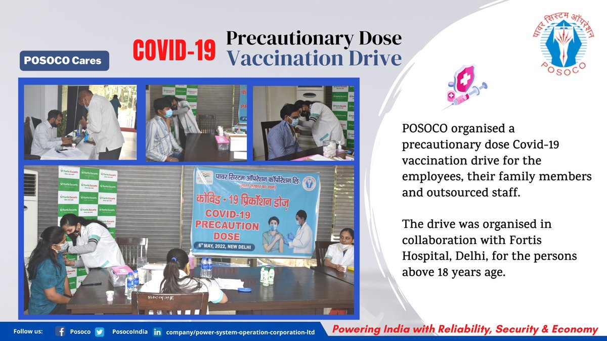 GridIndia1's tweet photo. POSOCO organised a precautionary dose Covid-19 vaccination drive for the employees, their family members and outsourced staff in collaboration with Fortis Hospital, Delhi.
#vaccination #vaccine 
@MinOfPower @power_pib @PIB_India @fortis_hospital https://t.co/65VRUuvVvg