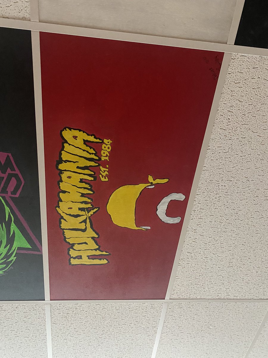 waynedicken's tweet photo. @WWE our art classes are doing projects where they will paint teacher’s ceiling tiles. I decided to go with a professional wrestling theme for mine. https://t.co/ZPMCQqzoAz