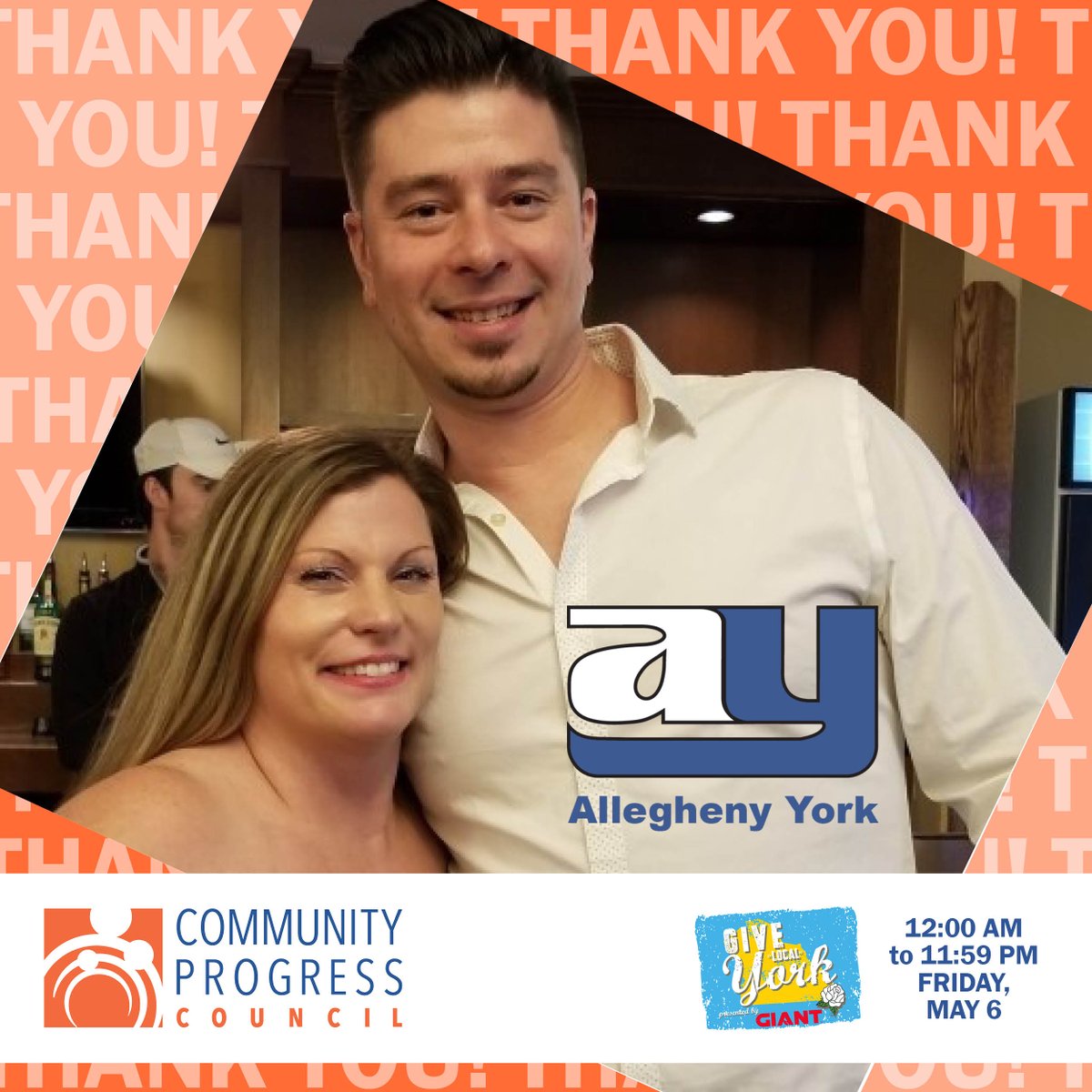 ProgressCouncil's tweet photo. Thank you Allegheny York and owners Elisha and Aaron Weir for their generous support of CPC through @givelocalyork! We’re grateful to have partners who support our mission of empowering families and individuals to move toward self-sufficiency.

#GiveLocalYork #IAmProgress https://t.co/Mydw37LBWs