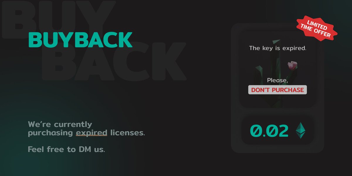 Do you have a burnt-out license? Get paid for it 💸

♻ We are starting to buy burnt licenses for 0.02 ETH (~$54 at the current exchange rate).

These NFTs are no longer suitable for anything. Write to us if you want to get rid of them:
DM us or discord.gg/Sk8cD75fWc (#ticket)