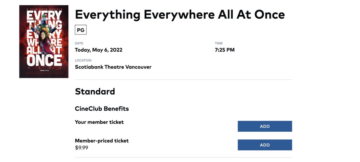 DuncanSBX's tweet photo. @CineplexMovies Your UI needs some work. Why is my CineClub tickets showing in one movie time and not the other? https://t.co/d0sh06KS8X