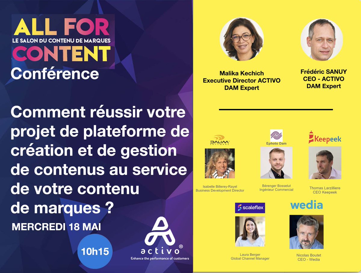 ACTIVO_DAM_PIM's tweet photo. @ACTIVO_DAM_PIM présent sur @AllforContent le 17 et 18 mai 2022. @DalimSoftware, @ephoto_fr, @keepeek, @scaleflex_com et @Wedia_FR seront également présents. Conférences, ateliers, Brand &amp; Content, déjeuner et soirée des Innovations Awards.

#DAM #PIM #CMS #médias #gestion https://t.co/PCvgozdMNI