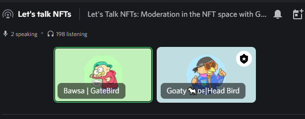 The @SkaterBirdsNFT discord is on another level. Currently listening to the workshop moderation in this space! There is so much to consider. Really interesting to hear about the time management side. Ty <a href="/goatyy_eth/">goaty NFT</a>  @nftbawsa