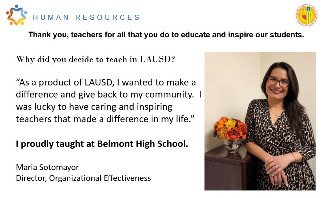 LAUSDHR's tweet photo. For Teacher Appreciation Week @LAUSDHR leadership is reflecting on why we chose to pursue a career in teaching. @LAUSDSup @LASchools @lausd_ldc @BelmontHS1 @boarddistrict2
#TeachinLA #lausdhr #lausd #IBelieveinLAUSD #teachers #TeacherAppreciationWeek2022 https://t.co/bvJxFdOqqc