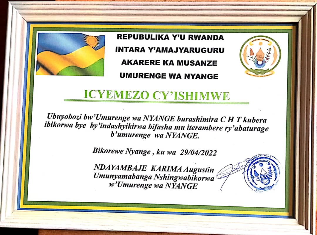 chturambe's tweet photo. CHT receives a certificate of recognition for its outstanding activities that enhance and improve the wellbeing of local community members of Nyange Sector. Thank you @nyangesector1 and @Mmusanze1 for this great collaboration and support to your partners. https://t.co/fIOCt0FX5y