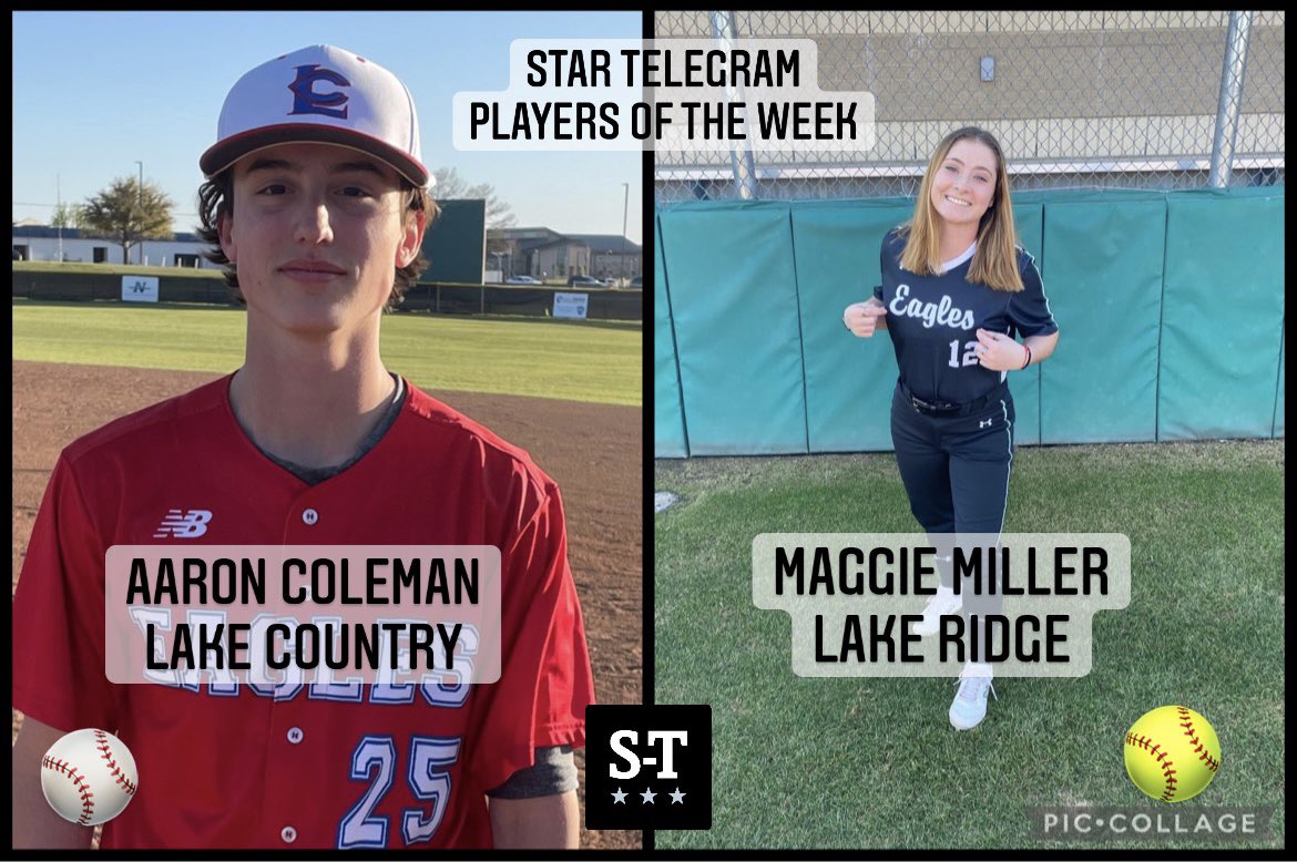 Congrats to Lake Country’s <a href="/aaronmc_2023/">Aaron</a> and Lake Ridge’s <a href="/Maggie_Miller3/">Maggie Miller</a> on <a href="/dfwvarsity/">dfw varsity</a> <a href="/startelegram/">Fort Worth Star-Telegram</a> high school baseball and softball player of the week! Aaron hit for the cycle vs Lubbock Trinity. Maggie hit 2 homers vs Bryan in Game 1 <a href="/LCCSathletics/">LCCS Athletics</a> <a href="/lakeridgesb/">Lake Ridge Softball</a>