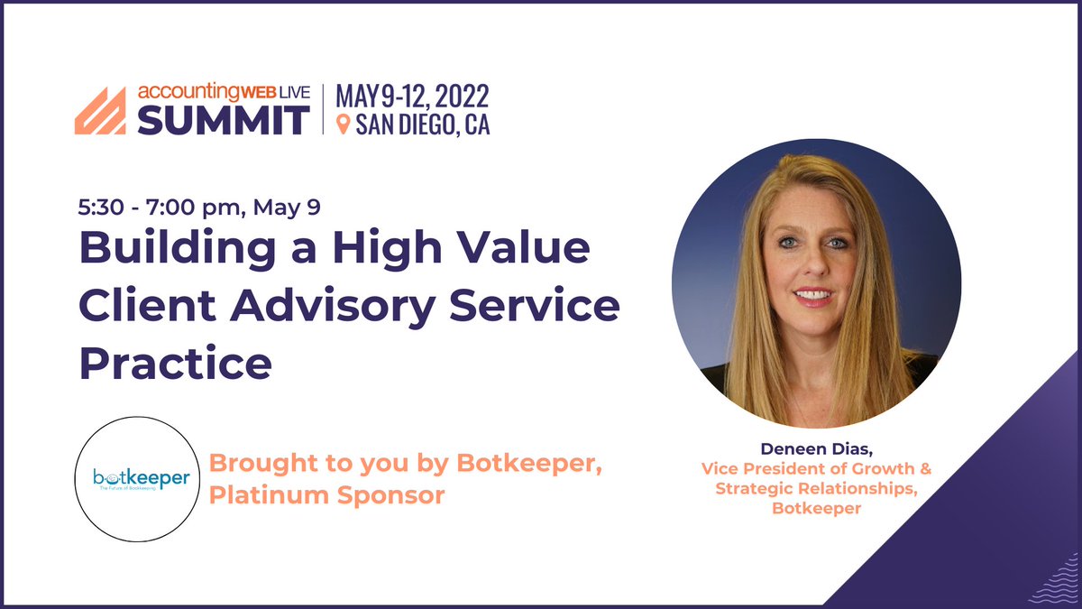 b0tkeeper's tweet photo. Are you attending the #AccountingWebLiveSummit? Join Botkeeper’s Deneen Dias at Botkeeper, for her session on Mon., 5/9 at 5:30 PM PDT to learn how to build a Client Advisory Service (CAS) practice. https://t.co/ciSU8xYgCN
#AWEBLiveSummit #AWEBLiveSummitSponsor #Botkeeping https://t.co/xMlg0ECY6w