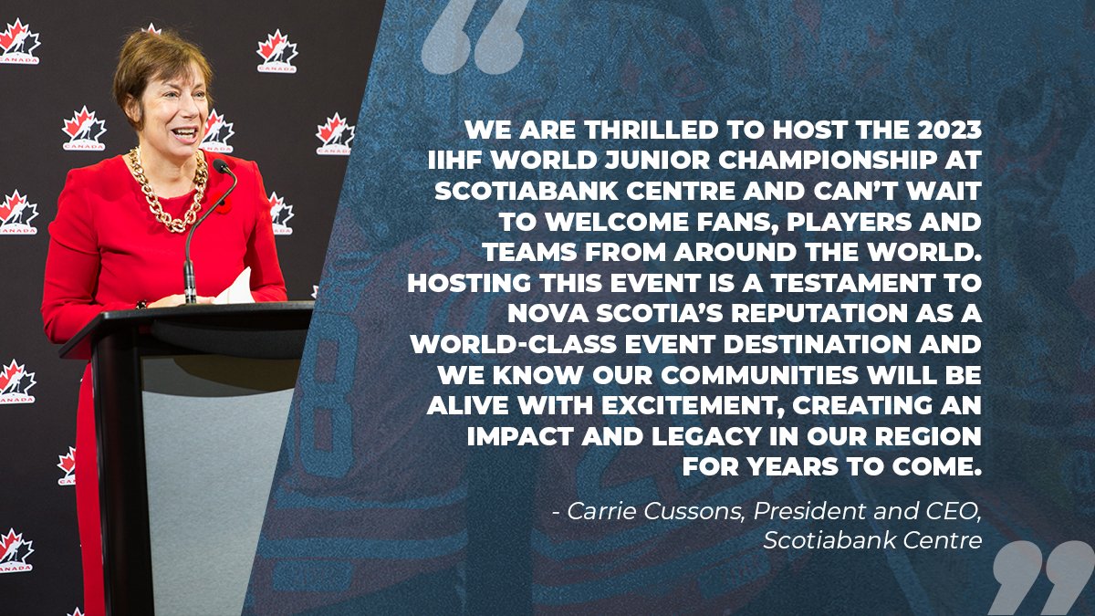 ScotiabankCtr's tweet photo. The @IIHFHockey World Junior Championship is an incredible event and we are so proud that Nova Scotia and New Brunswick have been selected to host for 2023! A message from our President & CEO, Carrie Cussons.
@CCussons
#EventsAreBack #ComeTogetherNS #WorldJuniors #WJC23 https://t.co/mvzOknG1nN