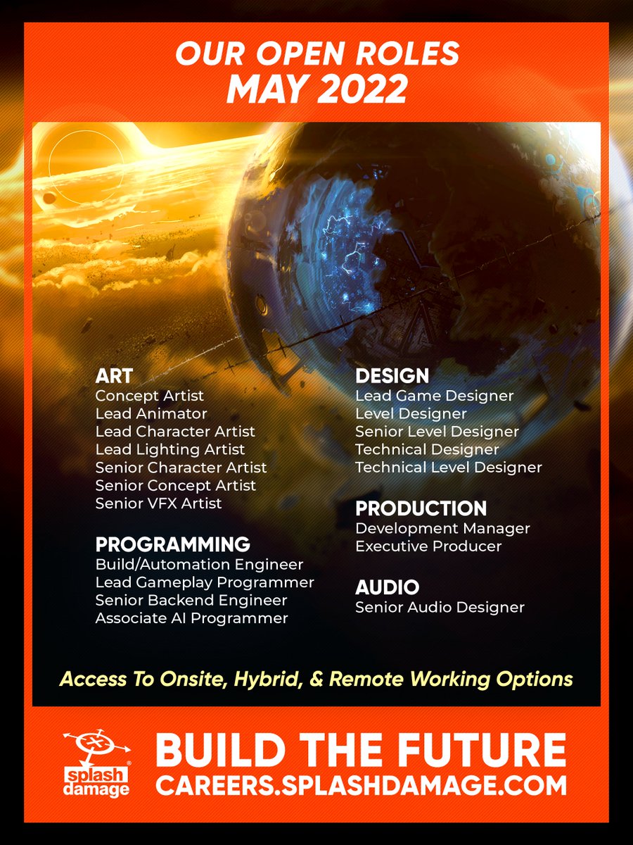 splashdamage's tweet photo. Our current open roles are out of this world! 🪐

Join Us. Make Your Mark. Build The Future*.

💼: https://t.co/MKM4VEZzrz
📰: https://t.co/9CyaDMuZFT

*And bring your best puns! https://t.co/HoGrqElFZt