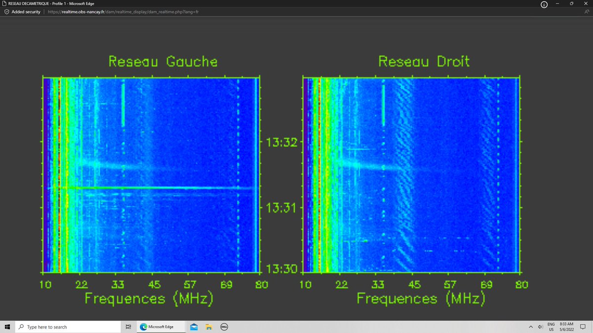 Magnetodawn's tweet photo. Time now 13:24 UT.  Am observing sporadic weak pre-ignition solar sparks/flares on Nançay Decameter Array (Réseau Décamétrique de Nançay) @DAM_Nancay trying to inflate a yet compact solar radio bubble.  "Flicking the Bic" to inflate a magnetic balloon.  
https://t.co/IvsPnPpfwV https://t.co/G6XsSQUUX2