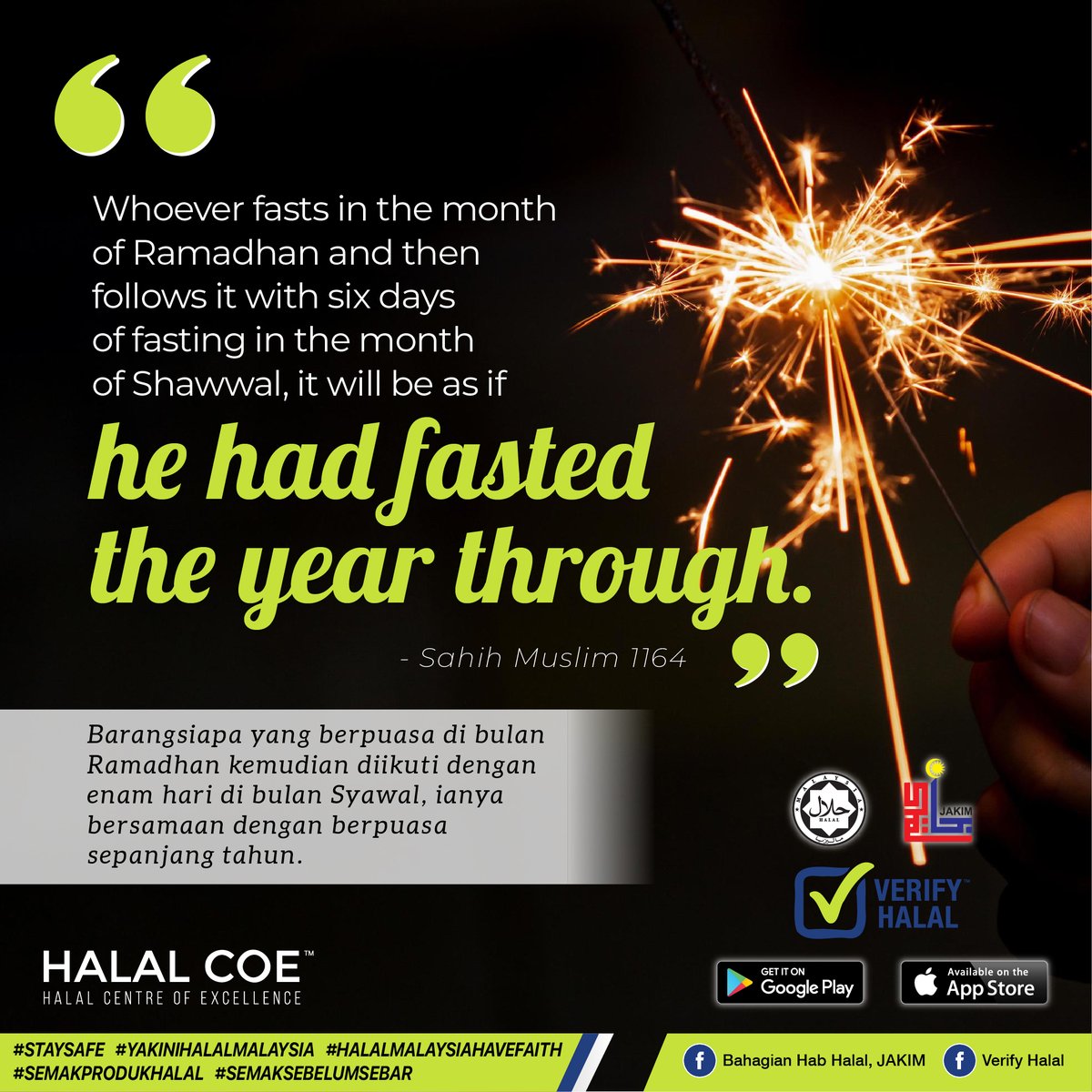 Let us not forget to seek Allah's blessings by fasting for six days during Shawwal in accordance with the Sunnah.

Download Verify Halal app today!

(iOS) bit.ly/VerifyHalaliOS
(Android) bit.ly/VerifyHalalAnd…