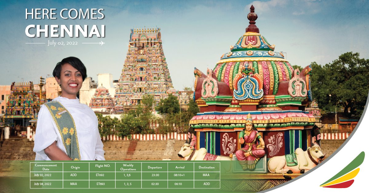 flyethiopian's tweet photo. We are pleased to announce thrice-weekly flights to Chennai “ The city of temples” India effective 02 July 2022.
Book your flight now with Ethiopian Mobile APP.
#EthiopianAirlines
#FlyEthopian
https://t.co/r8XxeylEH7 https://t.co/GRbjm8FG1y