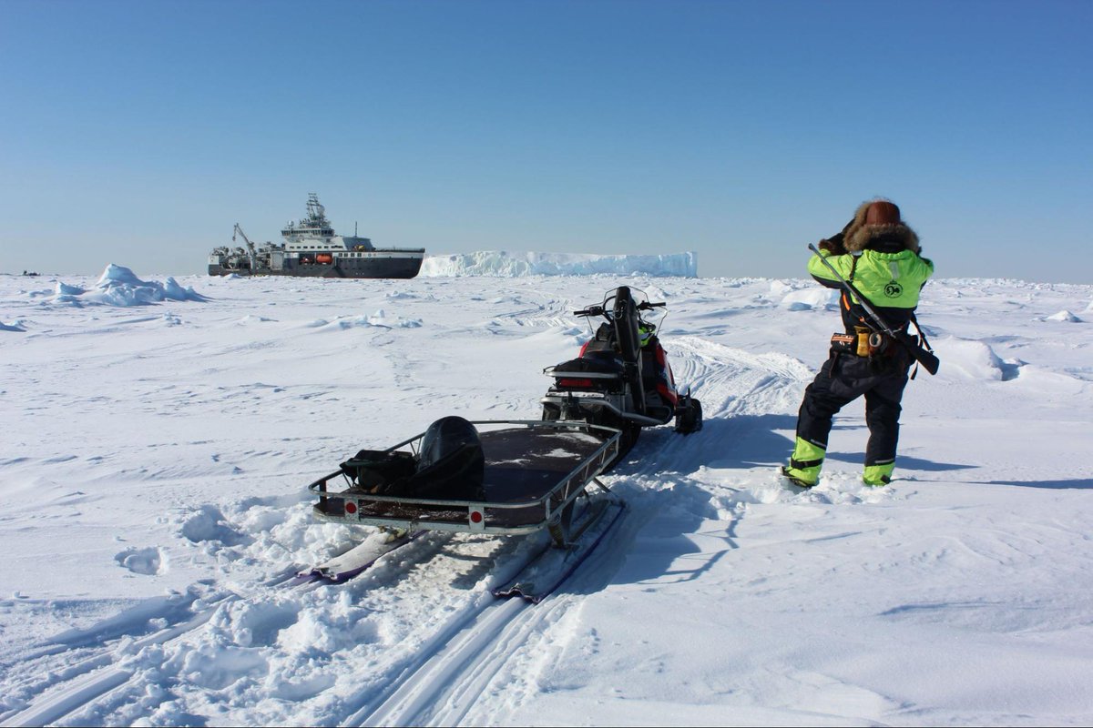 OceanSeaIceNPI's tweet photo. On the ongoing @CIRFA_SFI expedition on #FFKronprinsHaakon we are studying the fast ice off the #Greenland coast. This sea ice is held in place by icebergs from the Greenland ice sheet that have grounded on shallow banks off the coast.
#npolar #FramStraitNPI #maritimerobotics https://t.co/zG2tu6uLIH