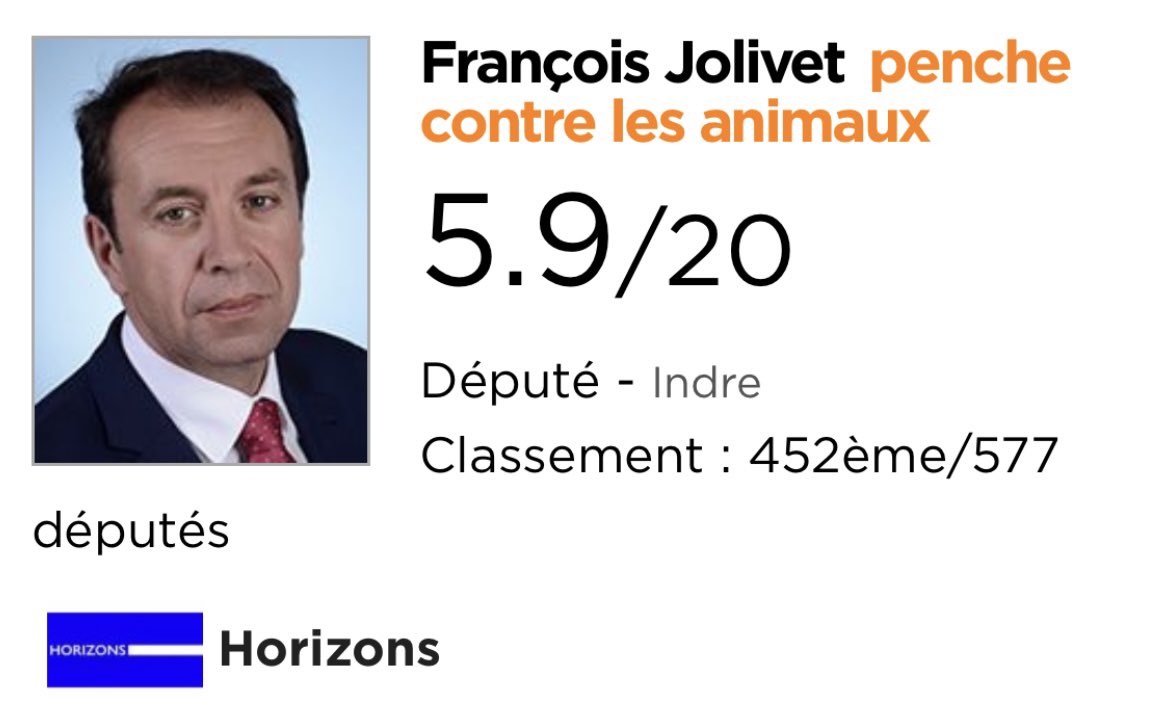 Ou encore sous les couleurs de #Horizons, le parti d’Edouard Philippe, on pourra compter sur @dhoubron1759, l’un des fers de lance de l’action politique en faveur des animaux, mais pas sur <a href="/FJolivet36/">François Jolivet</a>…